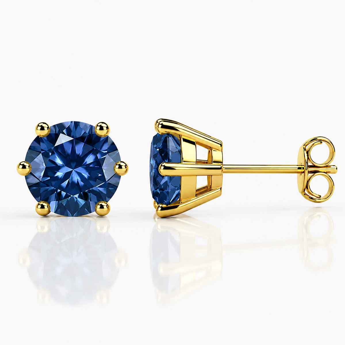 Yellow gold six-prong red moissanite stud earrings shown front and side on a white background