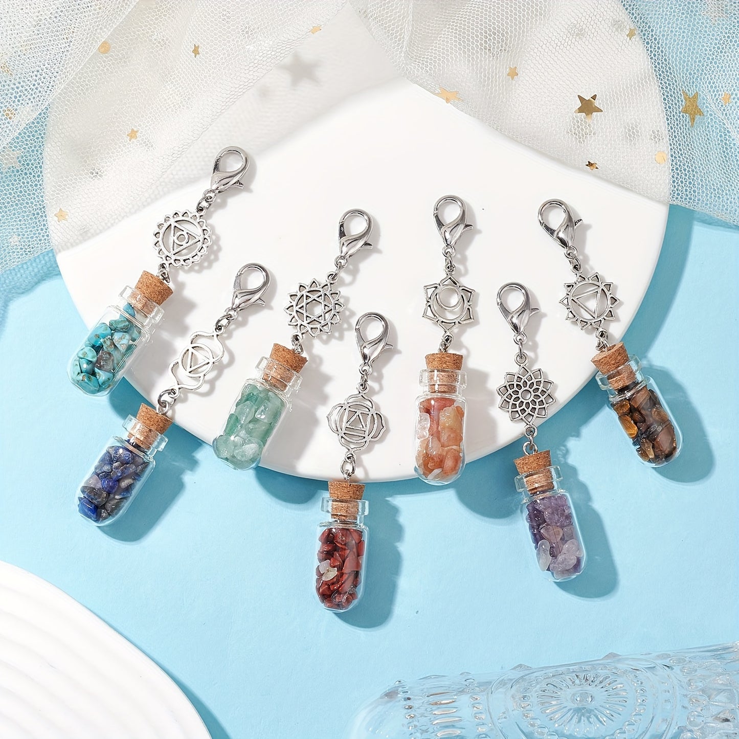 7 Chakra Crystal Healing Bottle Keychain Set – Genuine Gemstone Vials with Chakra Symbols for Energy Balance & Spiritual Protection