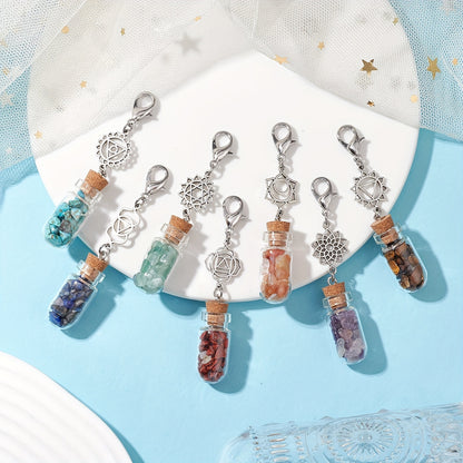 7 Chakra Crystal Healing Bottle Keychain Set – Genuine Gemstone Vials with Chakra Symbols for Energy Balance & Spiritual Protection