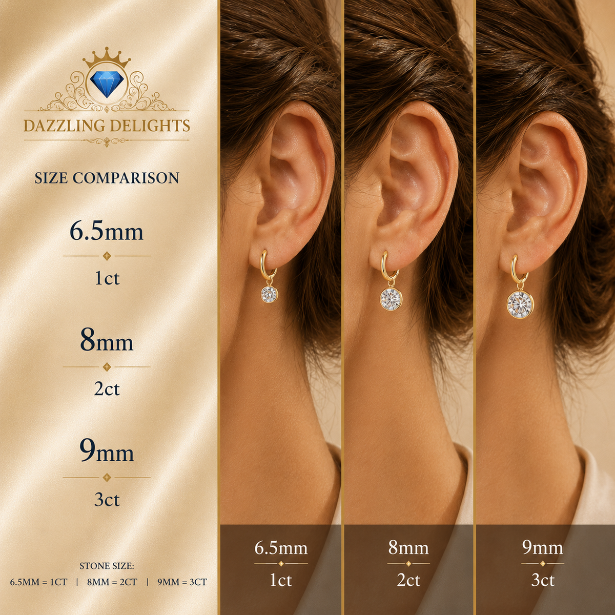 Bezel drop moissanite hoop earring size comparison showing 6.5mm, 8mm and 9mm options on the ear