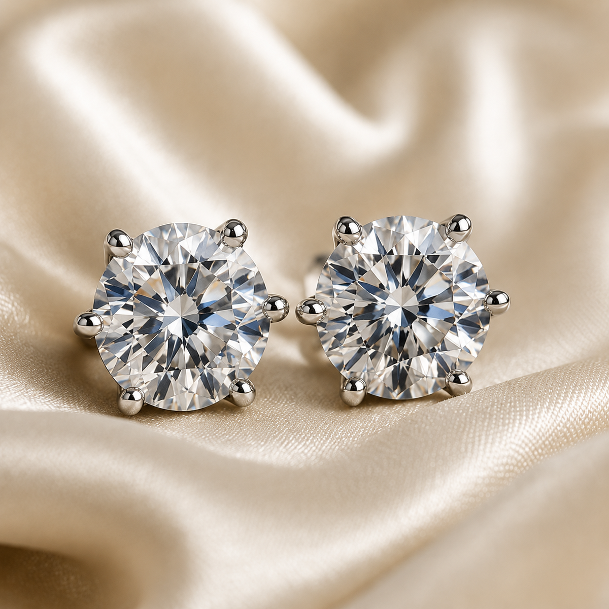 Six-prong colourless moissanite stud earrings shown in a lifestyle product image