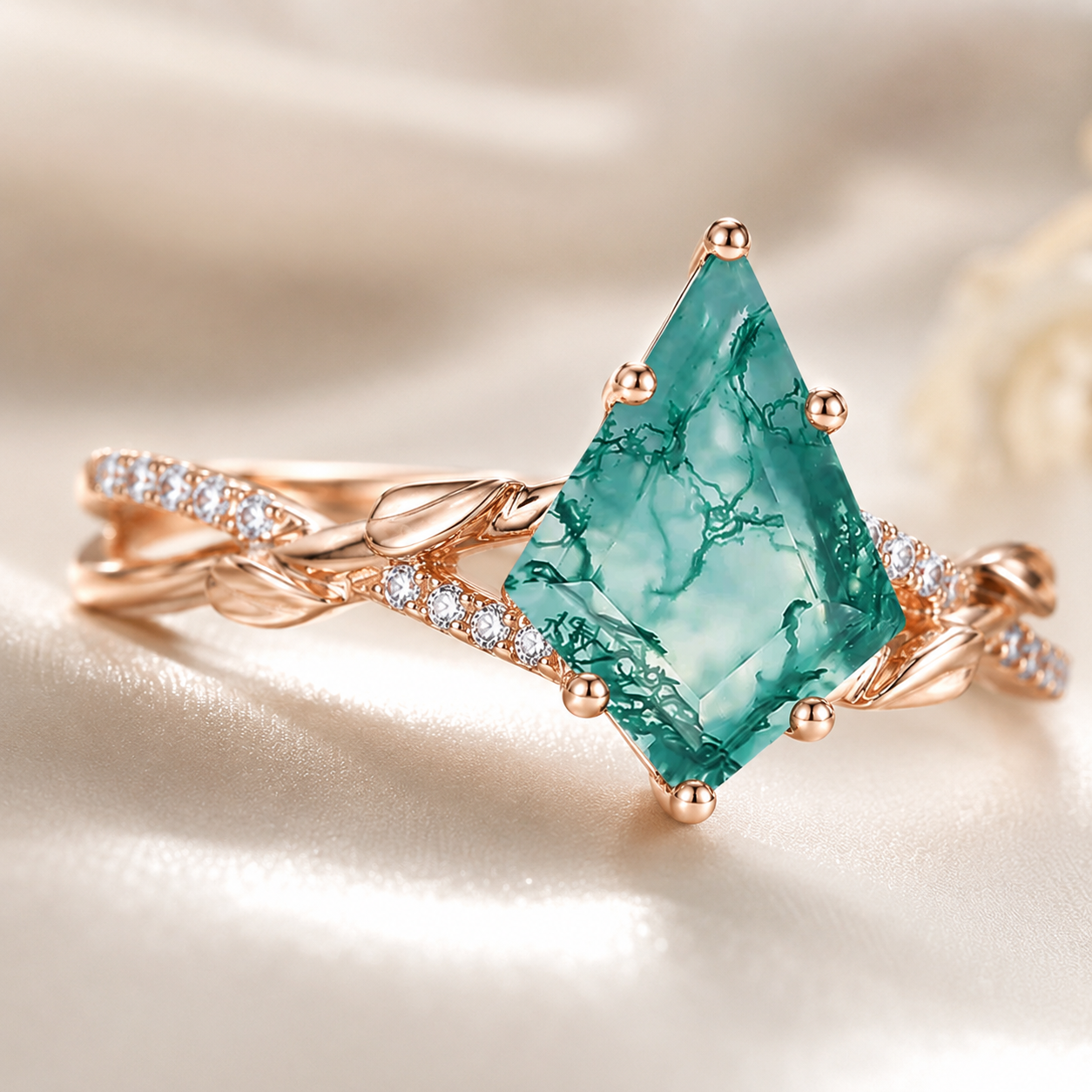 Natural Moss Agate Ring – Kite Cut Nature Inspired Boho Engagement Ring