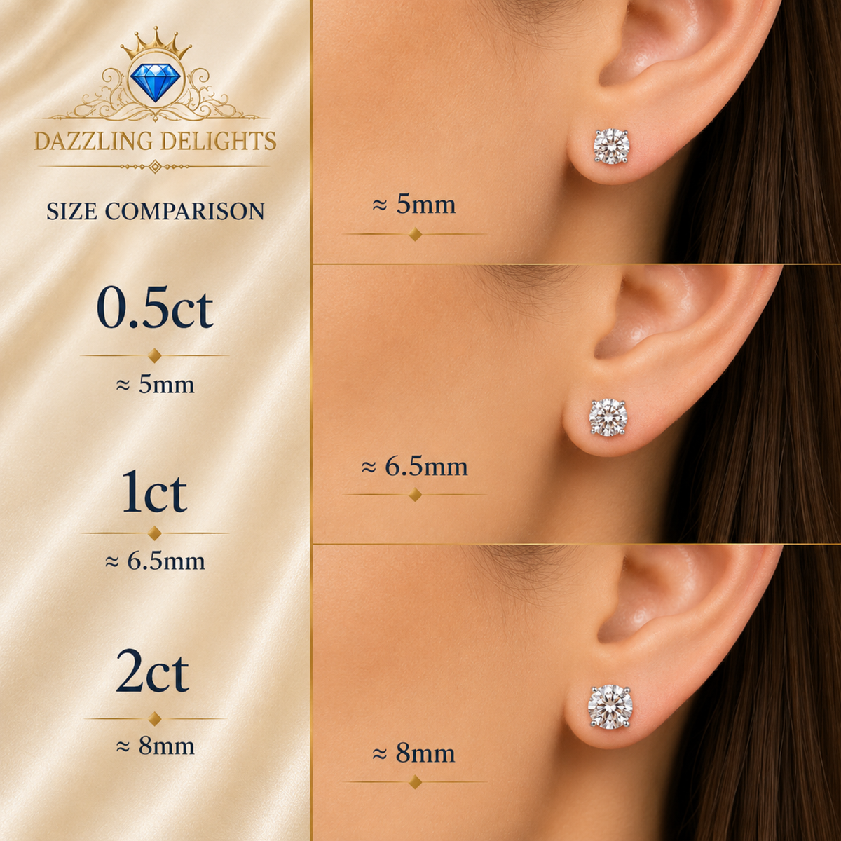 Four-prong moissanite stud earring size comparison graphic showing 0.5ct, 1ct and 2ct options on the ear