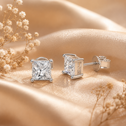 Brincos de moissanite com corte princesa 