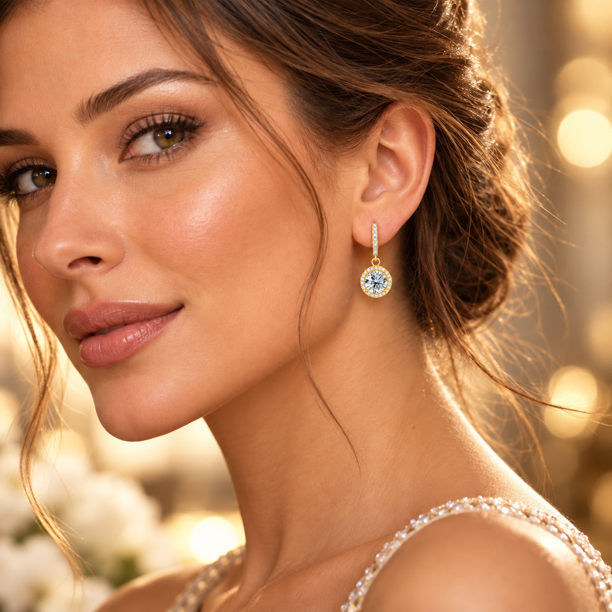 Brincos Halo de gota de Moissanite de 6,5 mm 