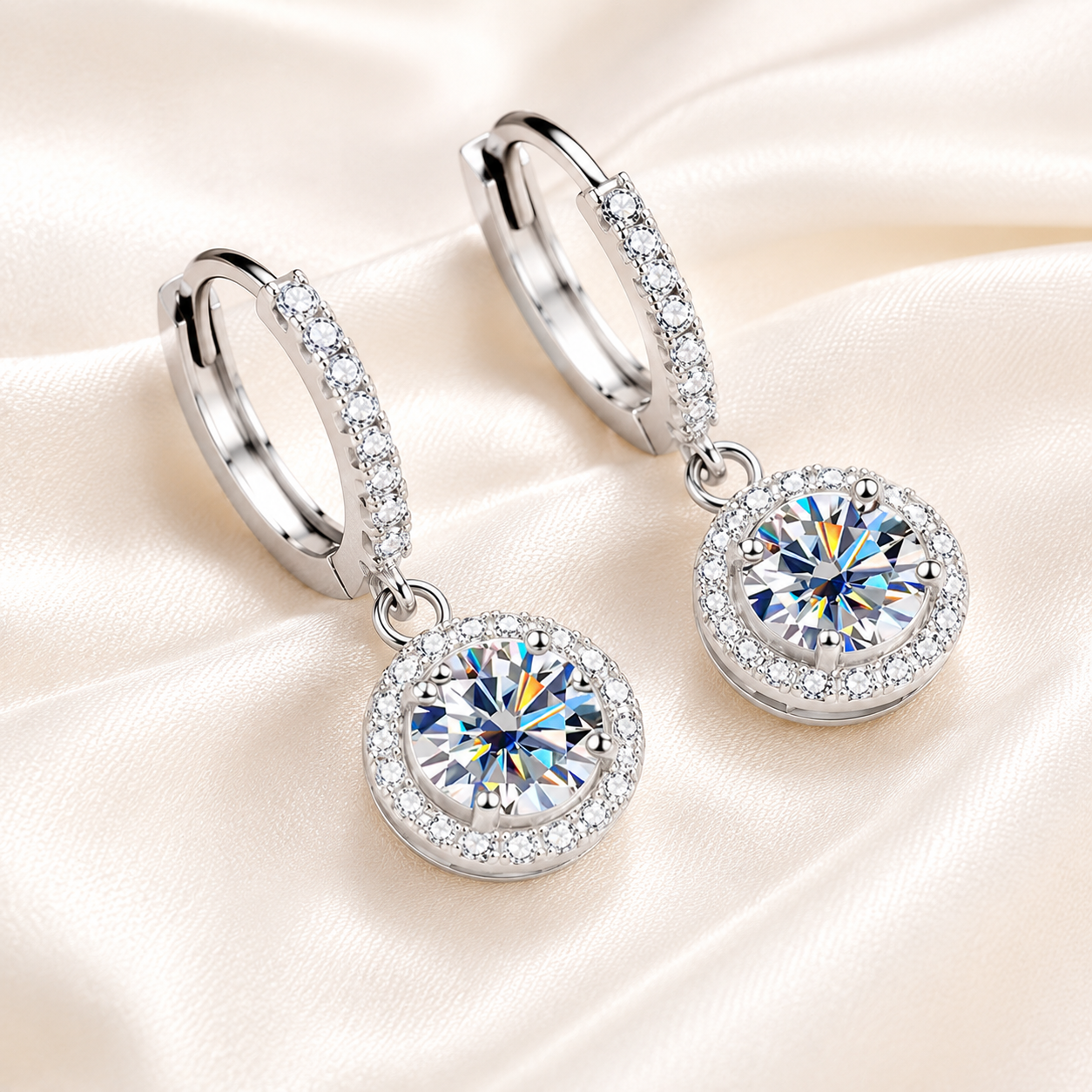 Halo Moissanite Hoop Drop Earrings – 1.0ct Round Brilliant Earrings