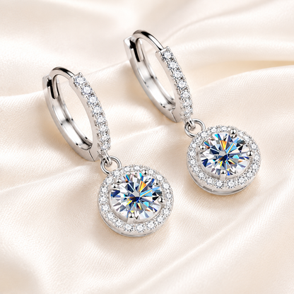 Halo Moissanite Hoop Drop Earrings – 1.0ct Round Brilliant Earrings