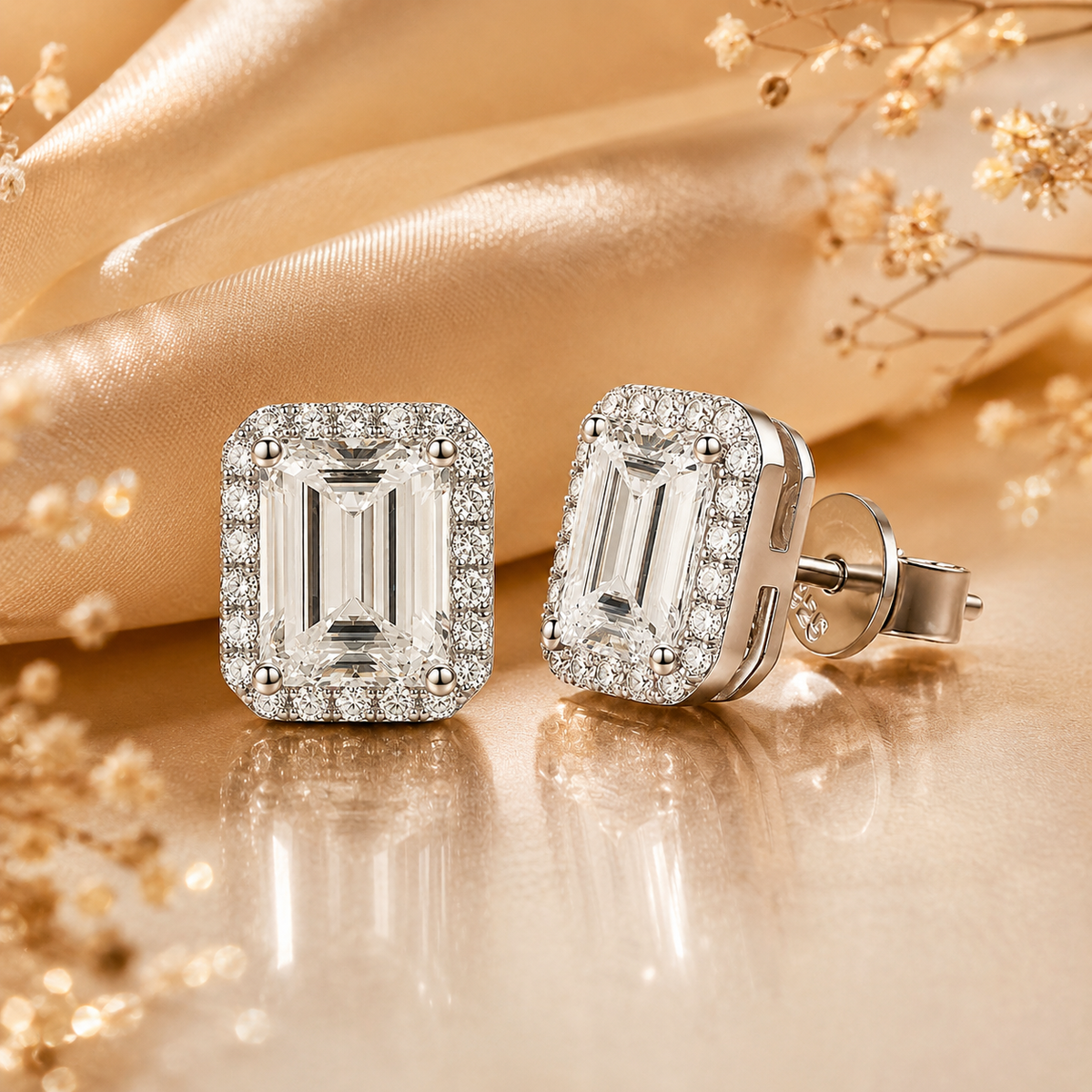 Gold emerald cut halo moissanite stud earrings shown close-up with butterfly backs on a warm reflective surface