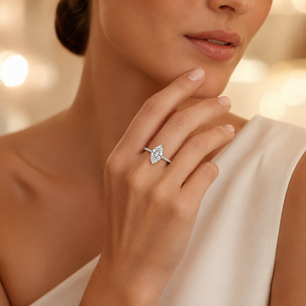 Marquise Cut Moissanite Pavé Solitaire Engagement Ring