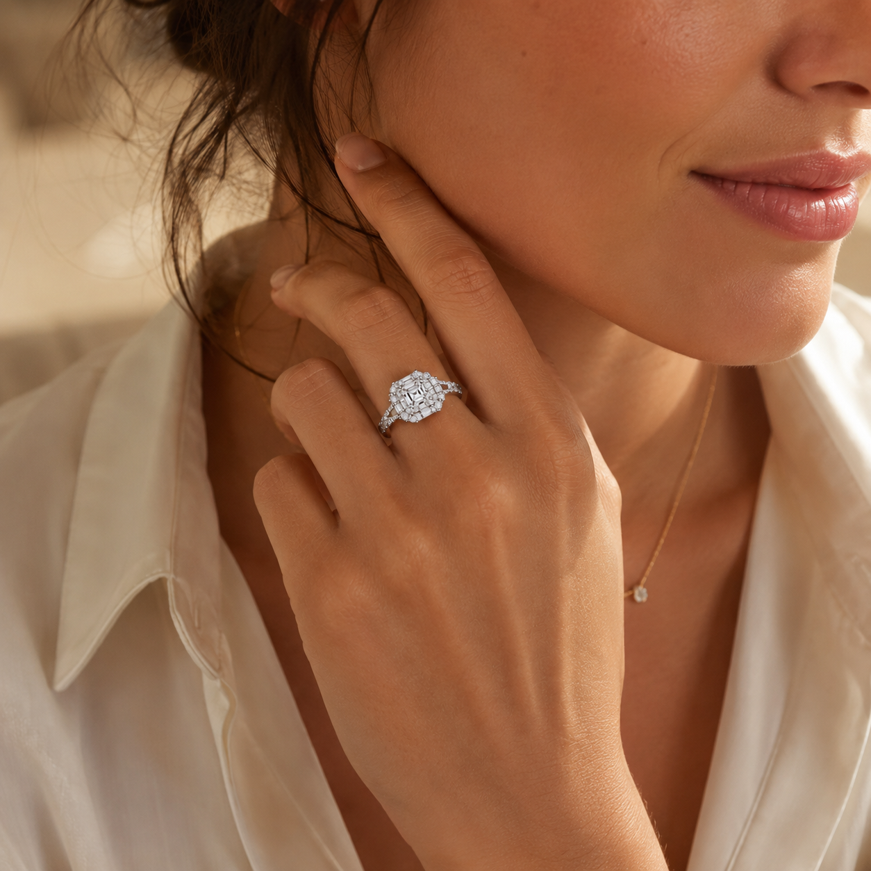 Anel Halo Moissanite Corte Asscher 