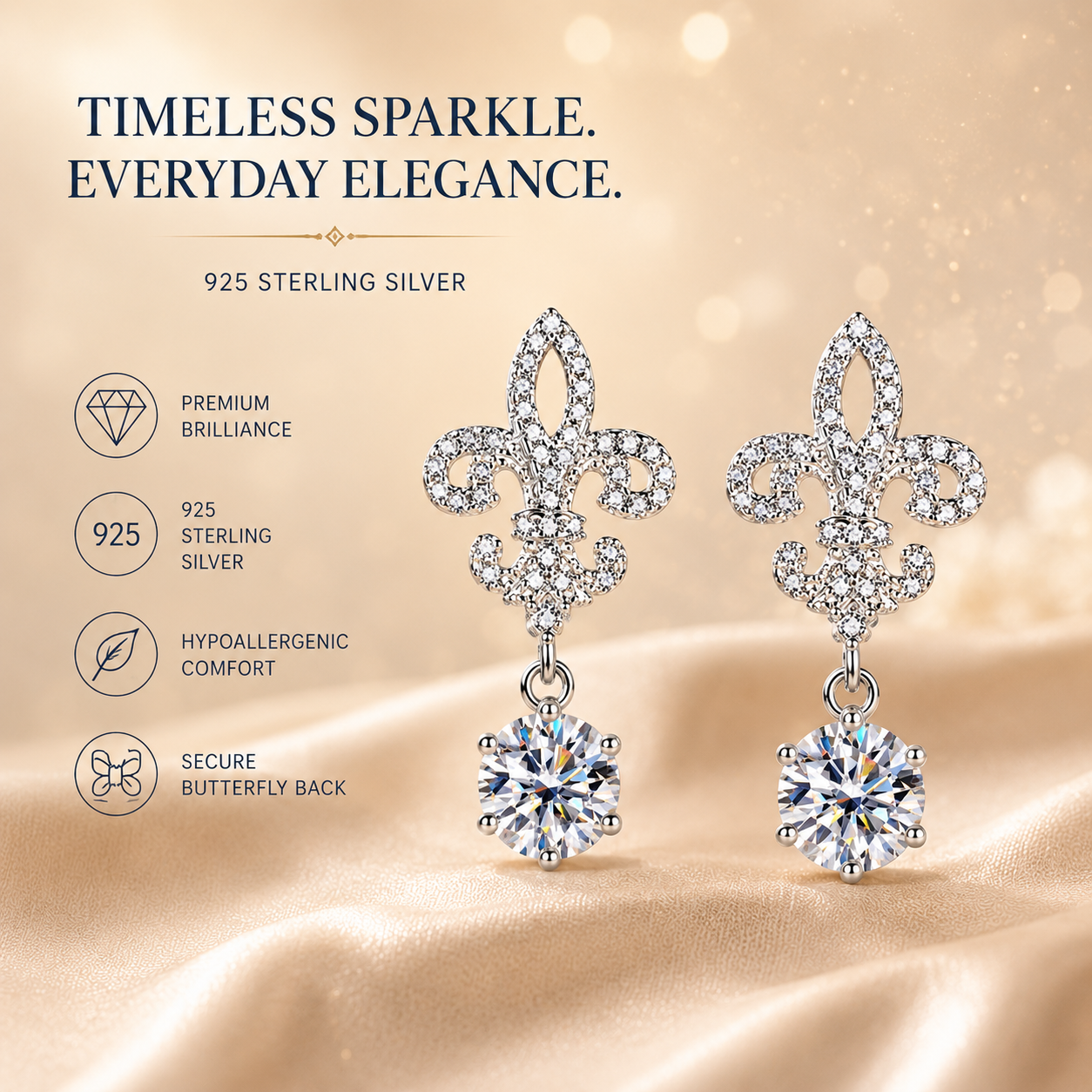 Fleur de Lis Moissanite Drop Earrings – 2.0ct Round Brilliant Dangle Earrings