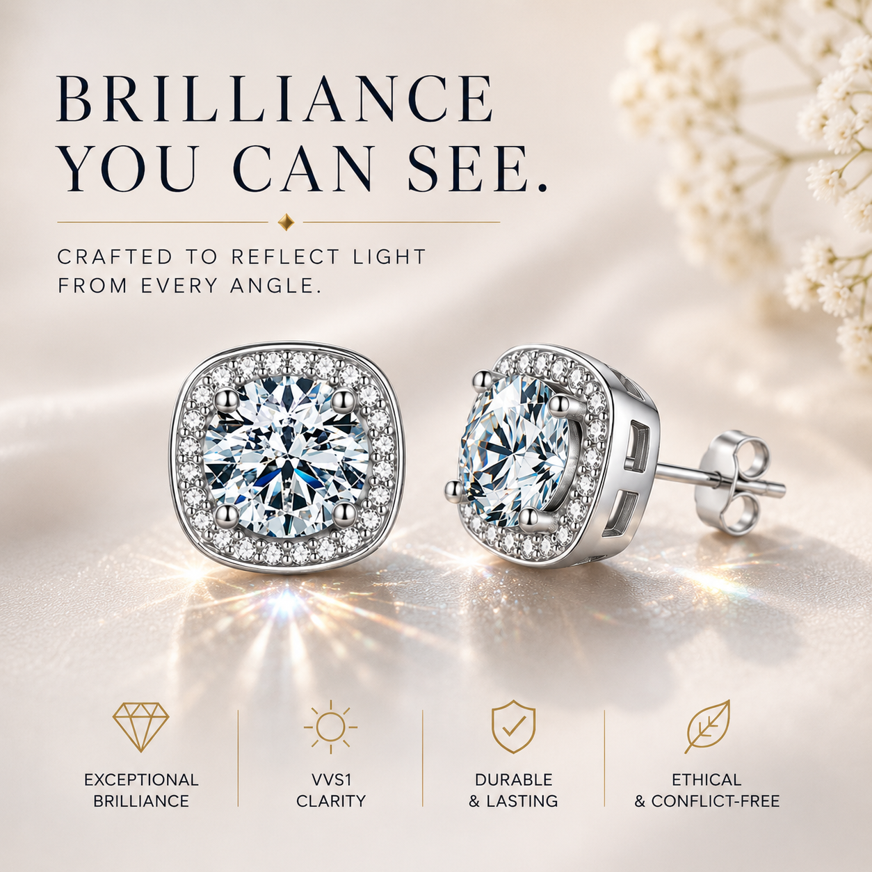 Halo Moissanite Stud Earrings – 925 Sterling Silver & Gold