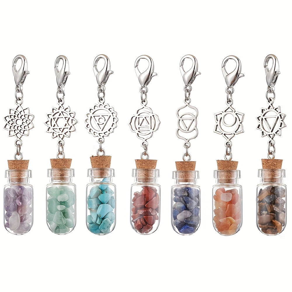 7 Chakra Crystal Healing Bottle Keychain Set – Genuine Gemstone Vials with Chakra Symbols for Energy Balance & Spiritual Protection