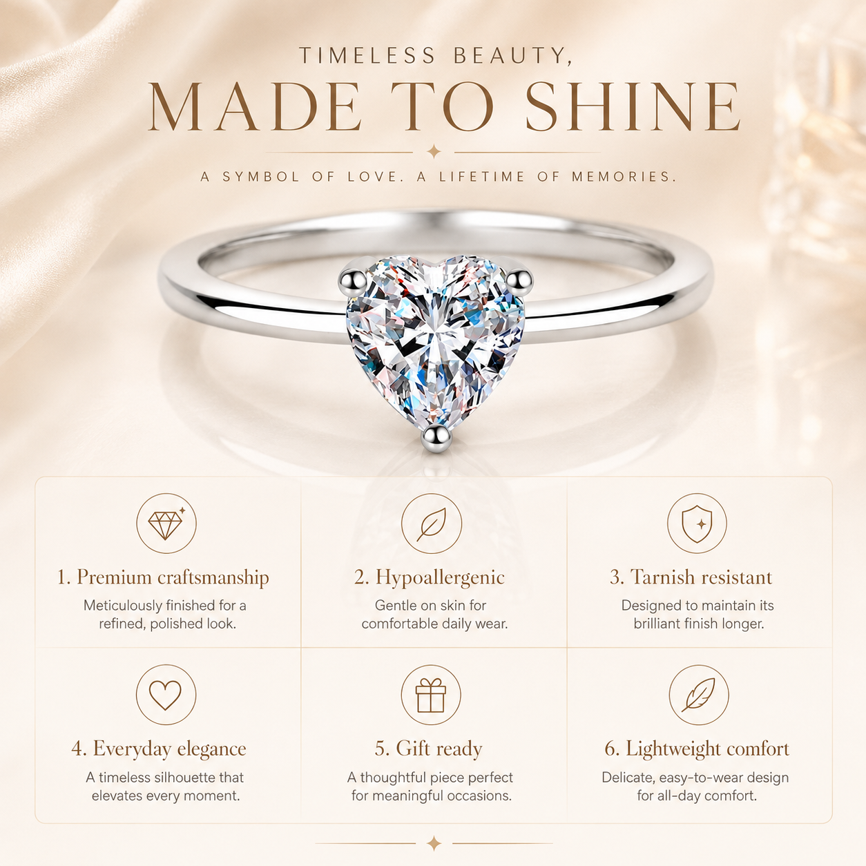 Anillo de compromiso con moissanita y solitario con talla de corazón 