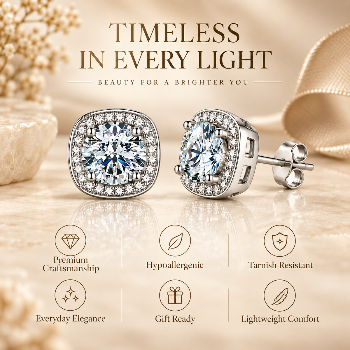 Silver cushion halo colourless moissanite stud earrings shown in a craftsmanship and comfort features graphic