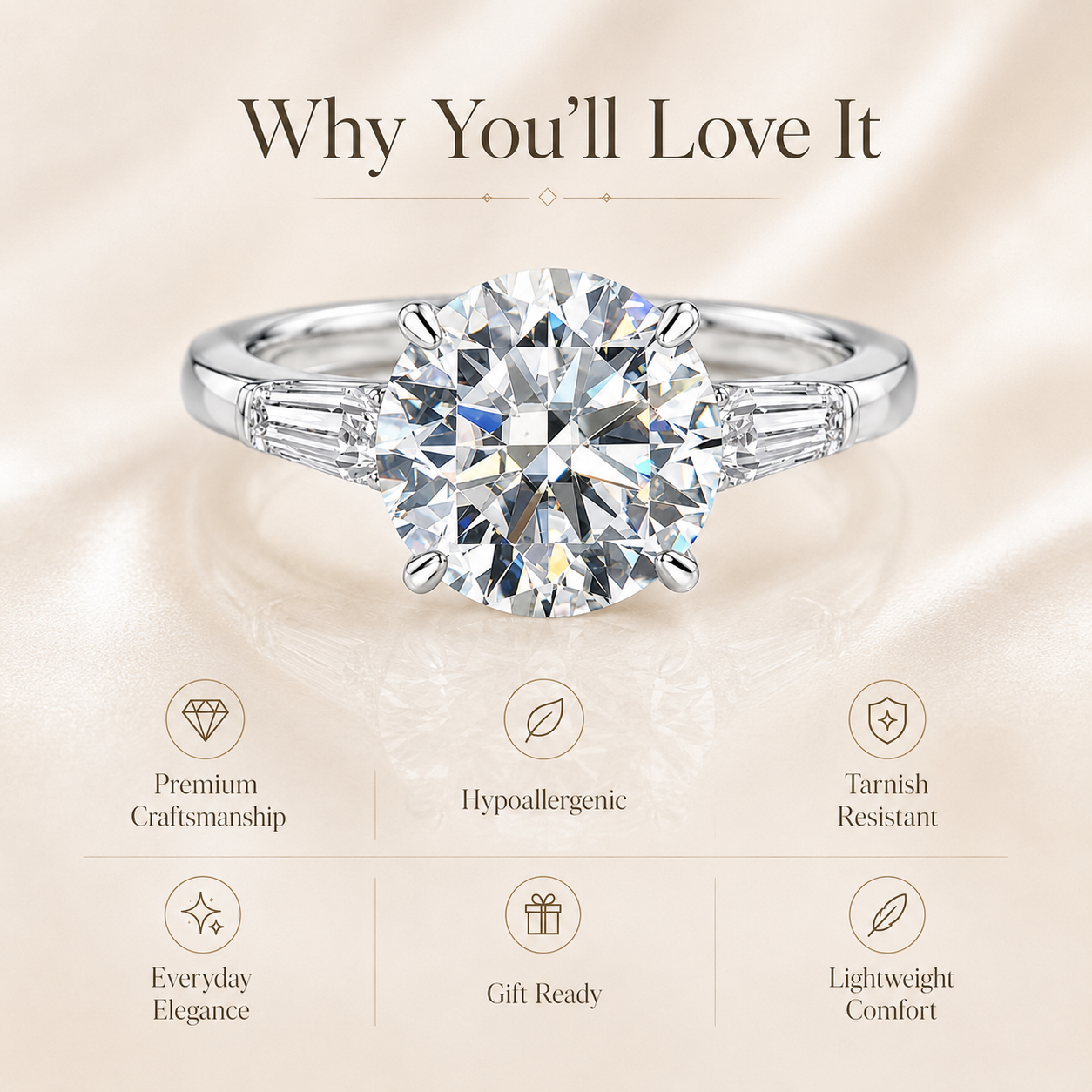 Round Brilliant & Tapered Baguette Moissanite Trilogy Ring