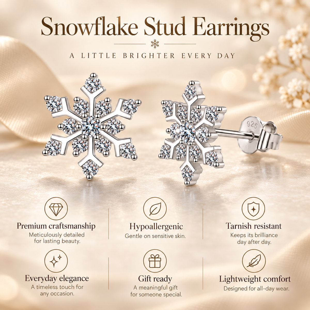 Silver snowflake moissanite stud earrings with a product features infographic