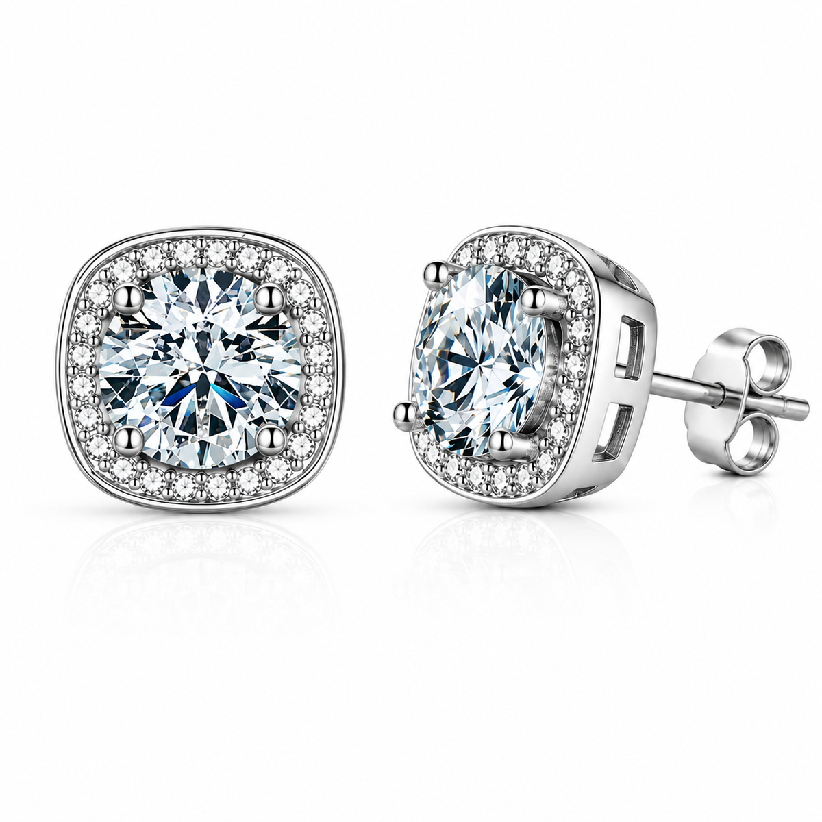 Silver cushion halo colourless moissanite stud earrings shown front and side on a white background