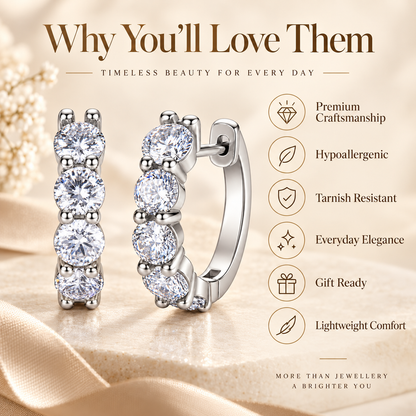 Silver five-stone moissanite hoop earrings with a product features infographic