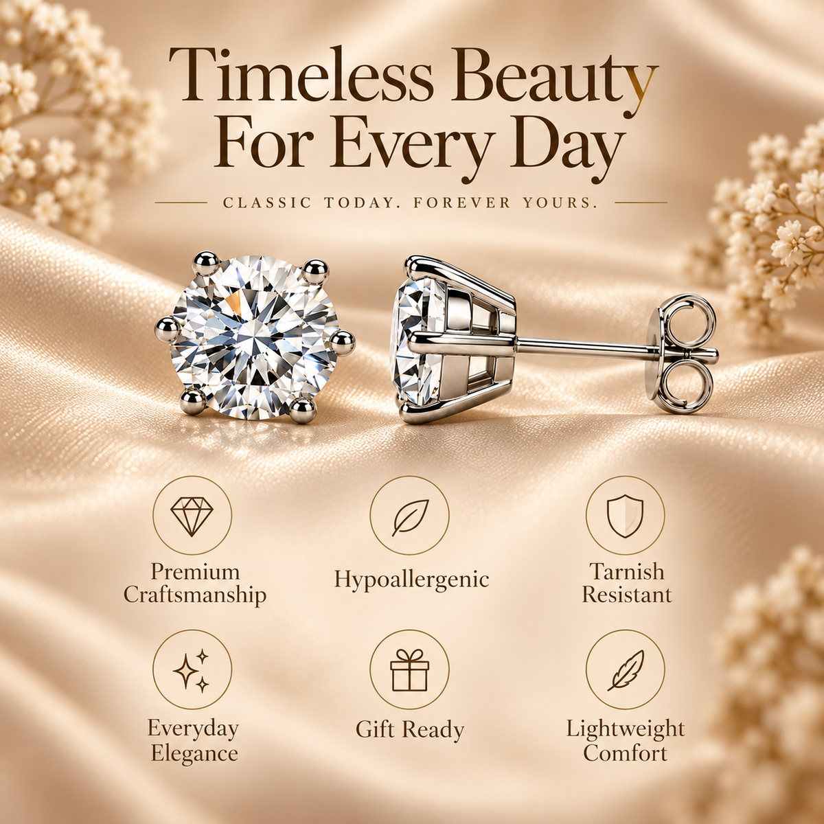 White gold six-prong colourless moissanite stud earrings shown in a product features graphic
