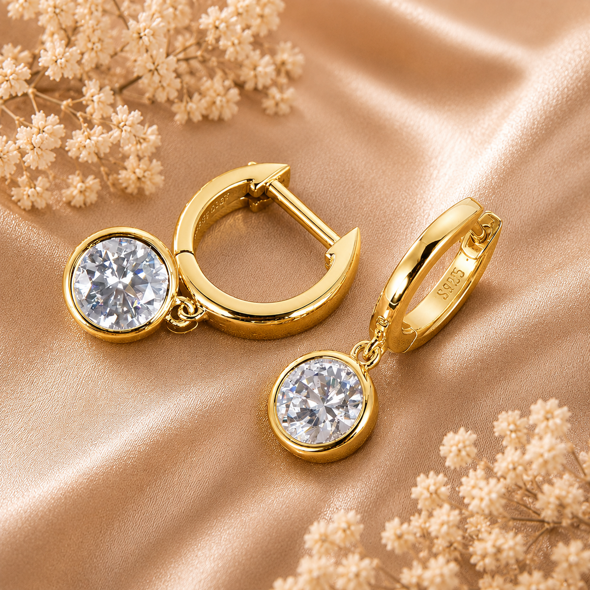 Gold bezel drop moissanite hoop earrings displayed on champagne satin