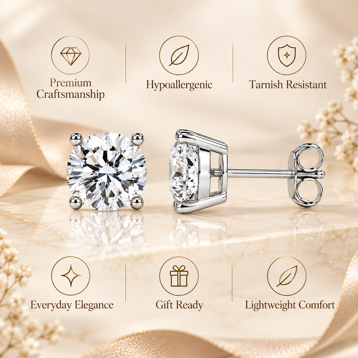 Silver four-prong colourless moissanite stud earrings shown in a craftsmanship and comfort features graphic