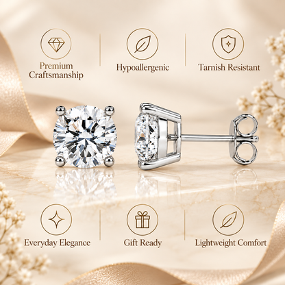 Silver four-prong colourless moissanite stud earrings shown in a craftsmanship and comfort features graphic