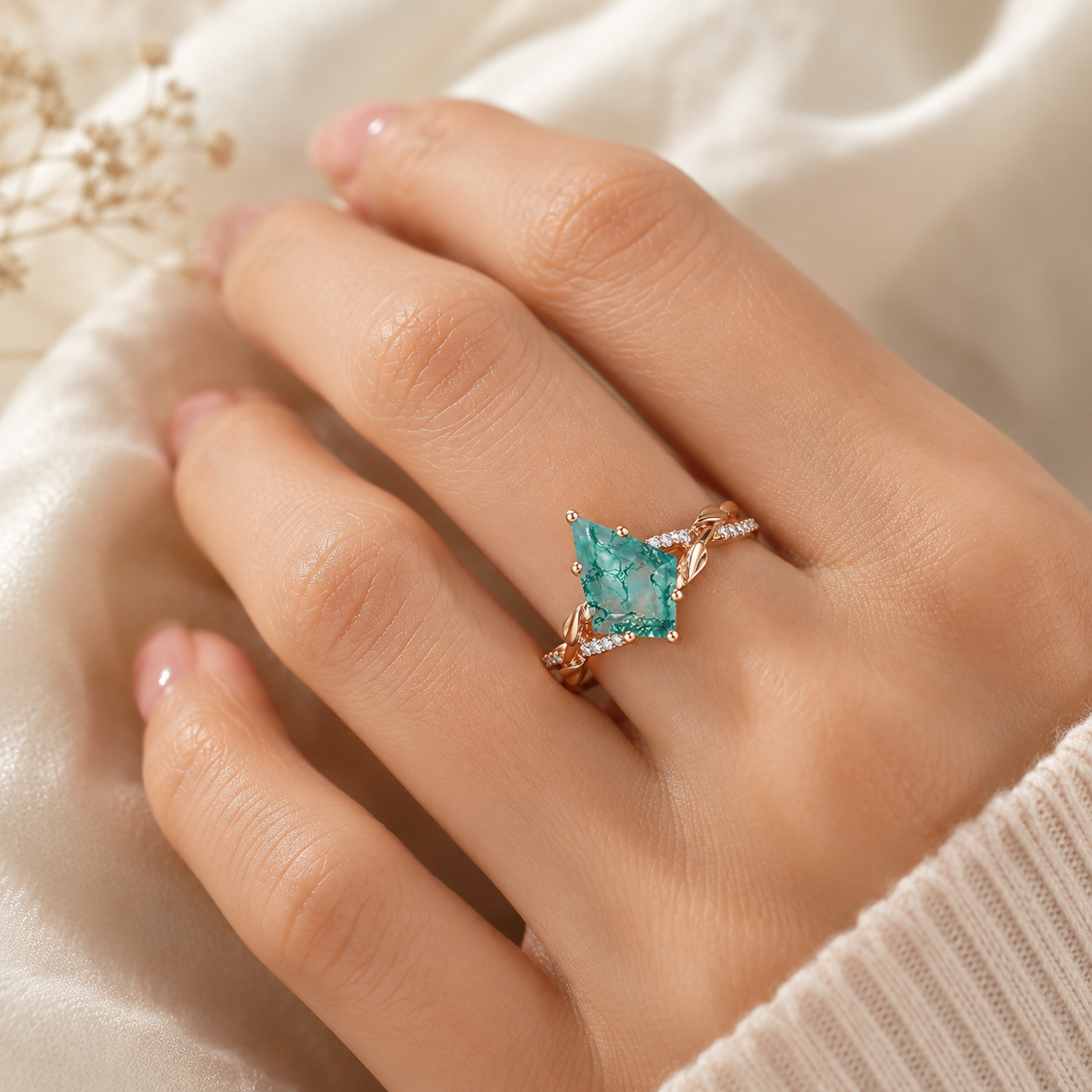 Natural Moss Agate Ring – Kite Cut Nature Inspired Boho Engagement Ring