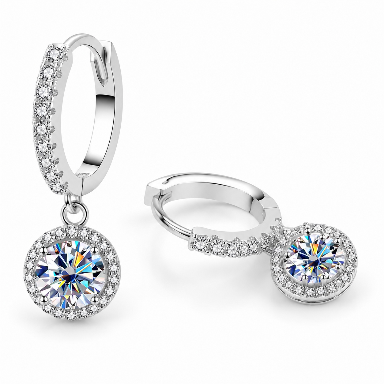 Halo Moissanite Hoop Drop Earrings – 1.0ct Round Brilliant Earrings