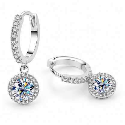 Halo Moissanite Hoop Drop Earrings – 1.0ct Round Brilliant Earrings