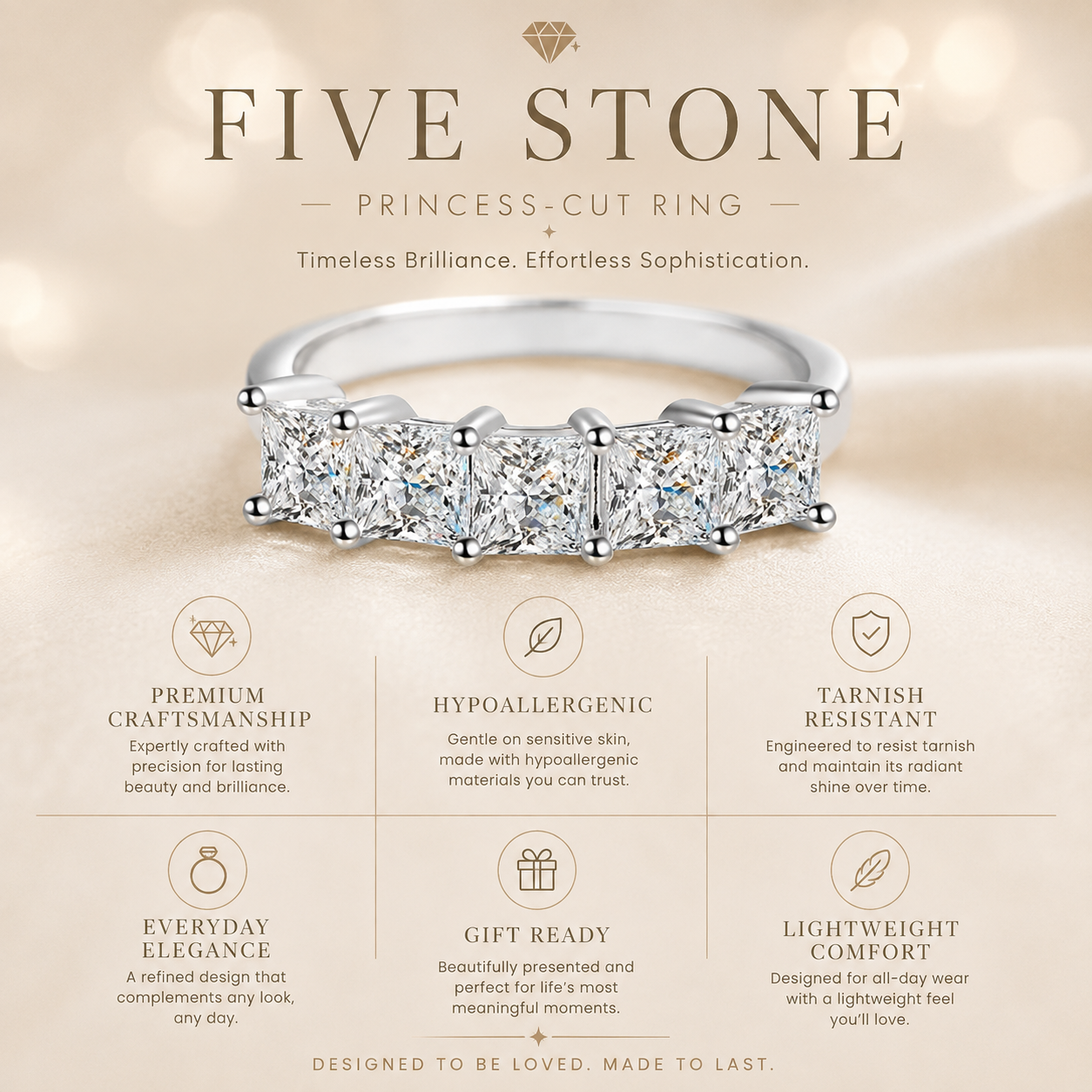 Five Stone Princess Cut Moissanite Anniversary Ring