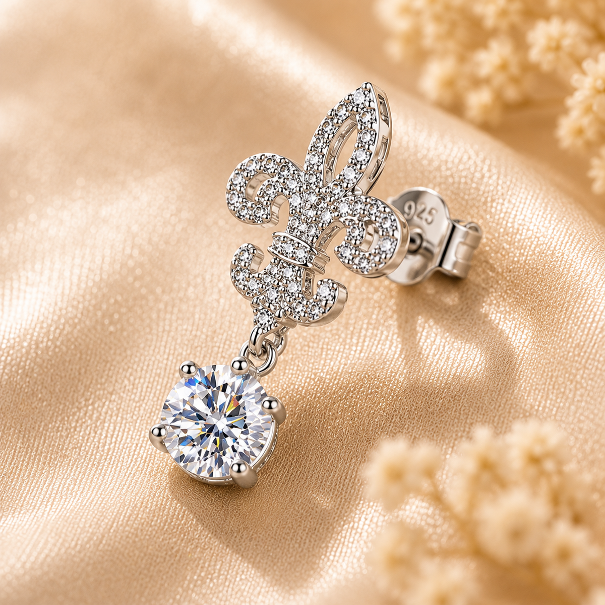 Single silver fleur de lis colourless moissanite drop earring displayed on champagne satin