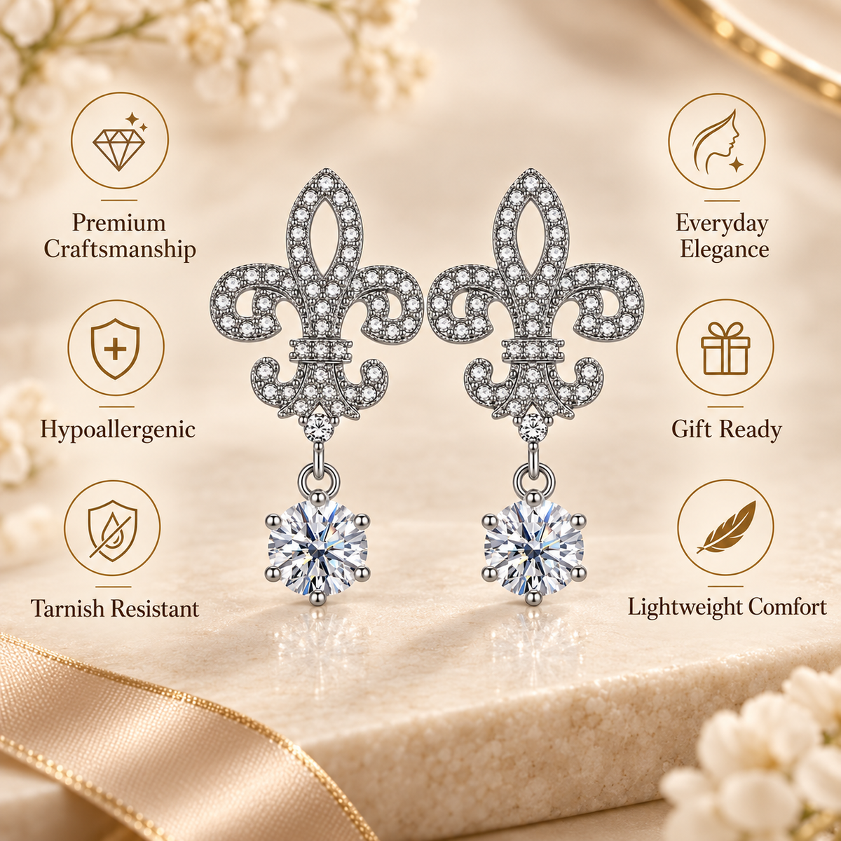 Silver fleur de lis colourless moissanite drop earrings shown in a craftsmanship and comfort features graphic