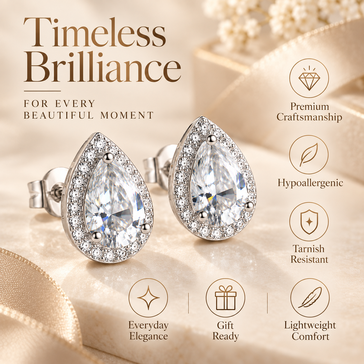 Silver pear-cut halo moissanite stud earrings with a product features infographic