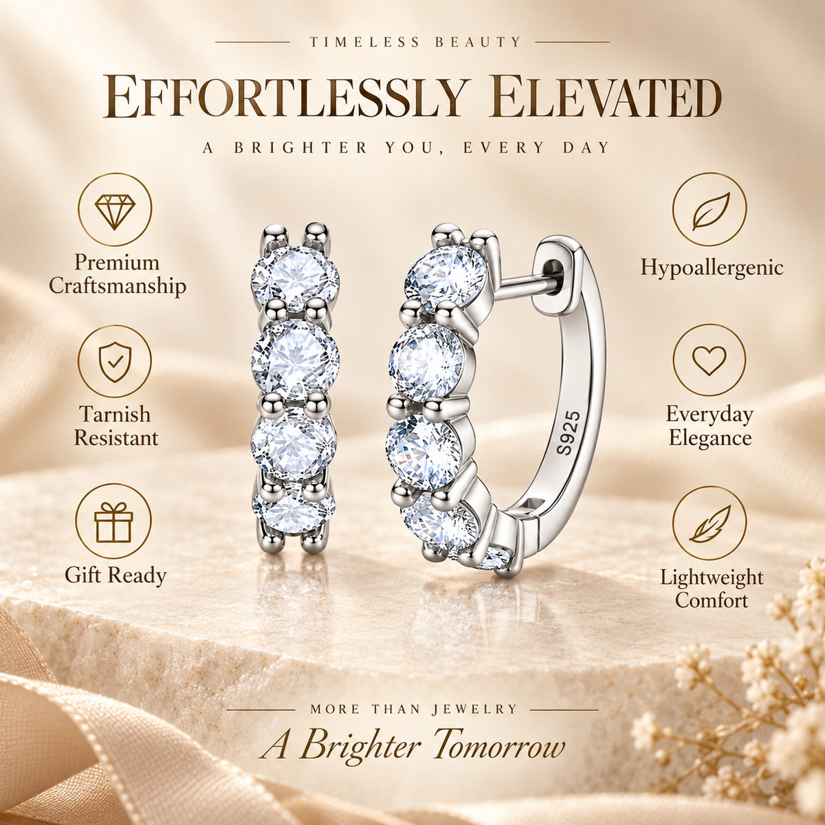 Silver five-stone moissanite hoop earrings with a product features infographic