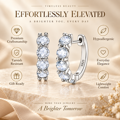 Silver five-stone moissanite hoop earrings with a product features infographic