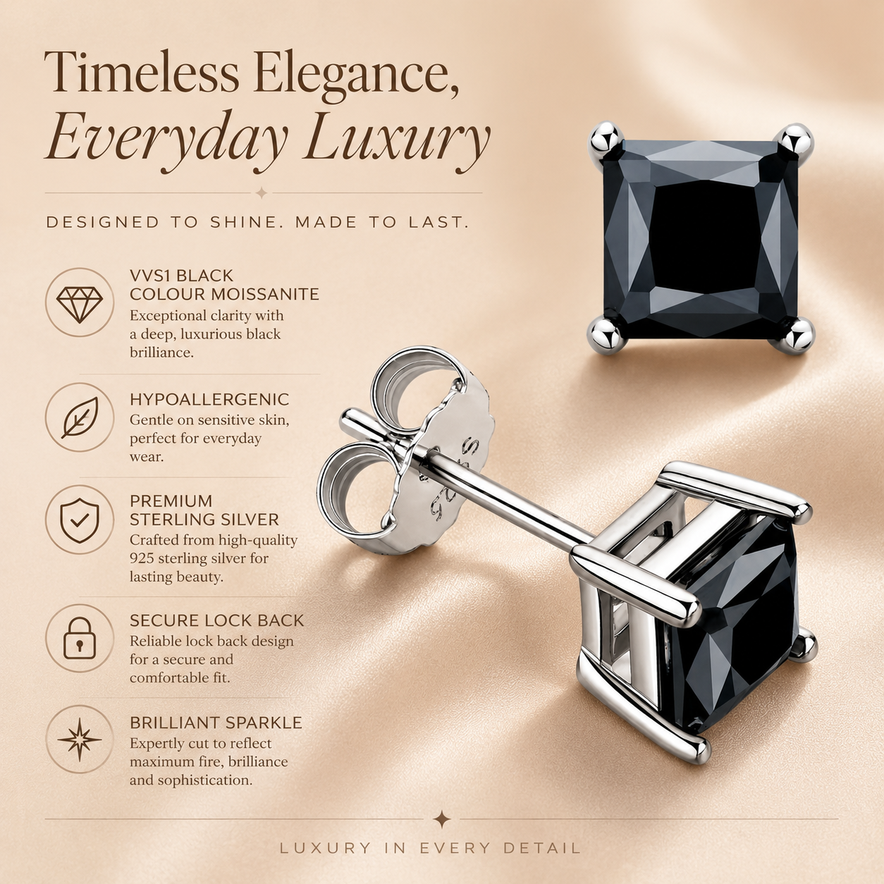 Princess Cut Black Moissanite Stud Earrings