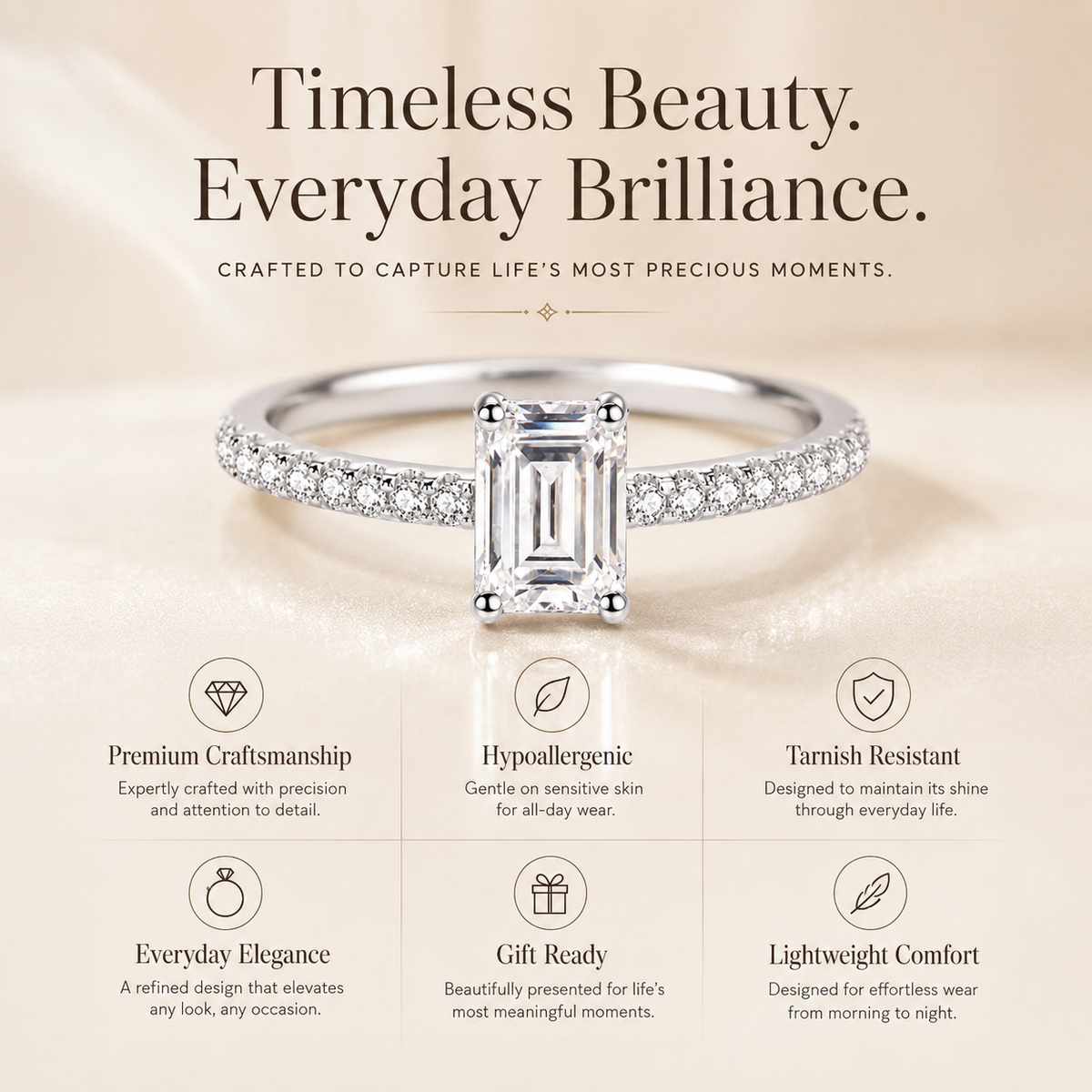 Anel Moissanite Corte Esmeralda 