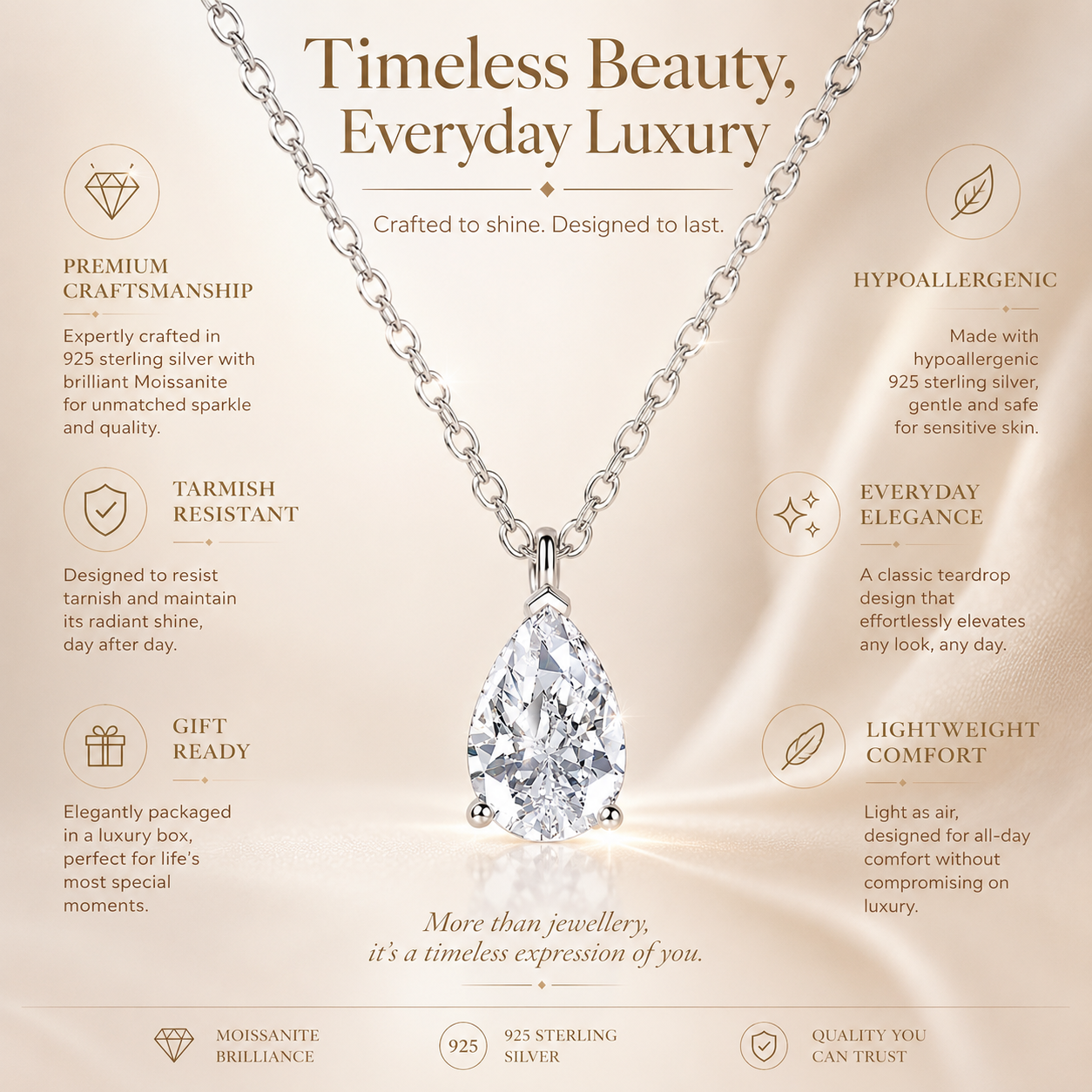 Colar com pingente de gota de moissanite com corte de pêra 