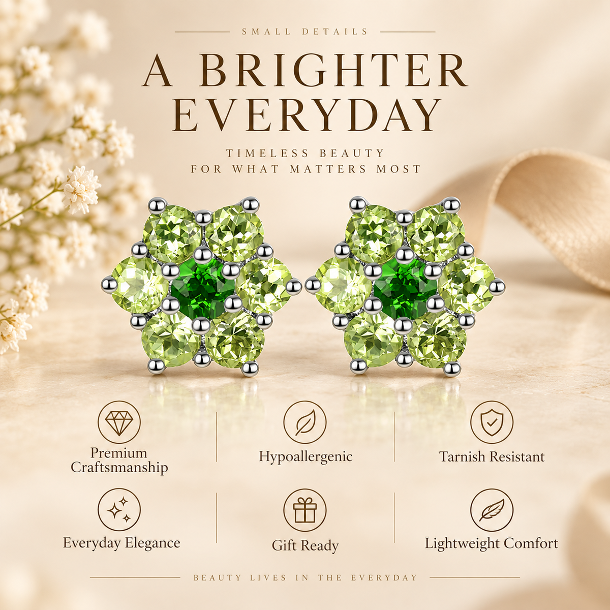 Natural Peridot & Chrome Diopside Floral Cluster Stud Earrings