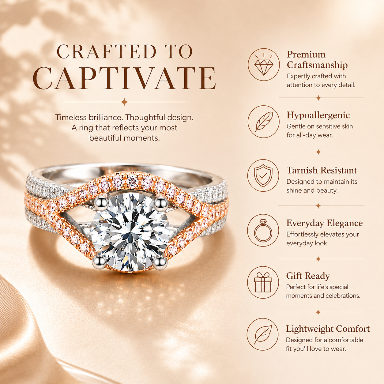 2ct Two-Tone Round Brilliant Moissanite Marquise Frame Engagement Ring