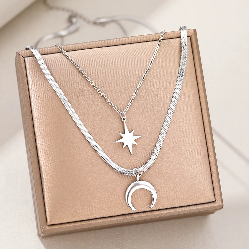 Titanium Moon and Star Herringbone Pendant Necklace - Premium Jewelry from Dazzling Delights - Just $29.95! Shop now at Dazzling Delights