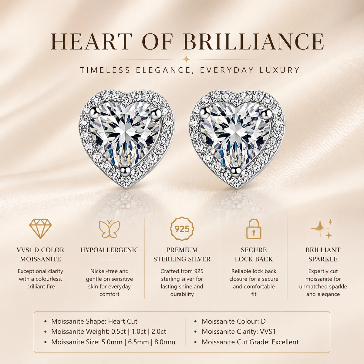 Silver heart-cut colourless moissanite halo stud earrings shown in a features graphic