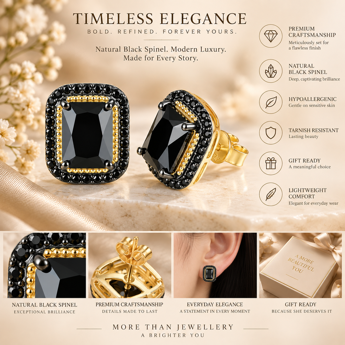 5.8ct Natural Black Spinel Rectangular Halo Stud Earrings