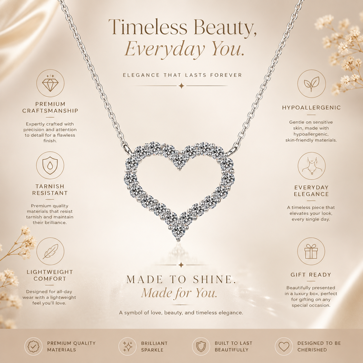Colar com pingente de coração oco Moissanite 