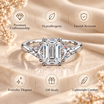 3ct Emerald & Trillion Cut Moissanite Trilogy Engagement Ring