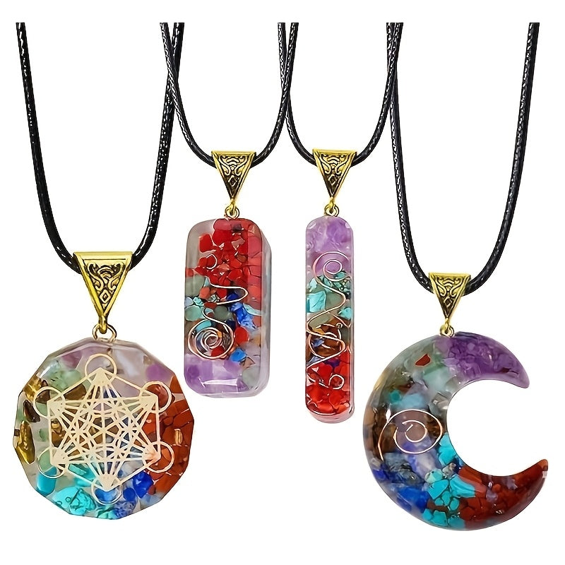 Chakra pendant necklace set featuring four designs: a 12-sided sacred geometry pendant, rounded rectangle, vertical bar, and crescent moon, each embedded with colourful natural crystal chips on black cords.