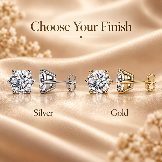 Six-prong colourless moissanite stud earrings shown in white gold and yellow gold finishes