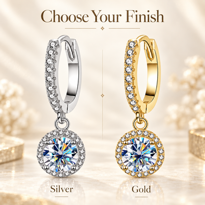 Silver and gold halo moissanite hoop drop earrings shown in a finish comparison graphic