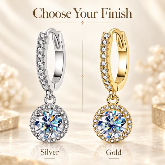 Silver and gold halo moissanite hoop drop earrings shown in a finish comparison graphic